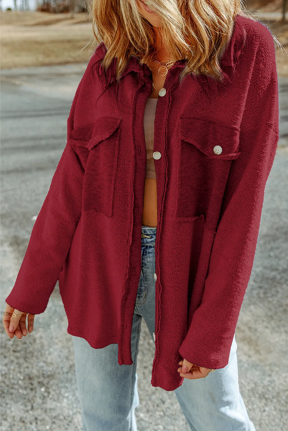 Contrast Flap Pockets Red Relaxed Shacket