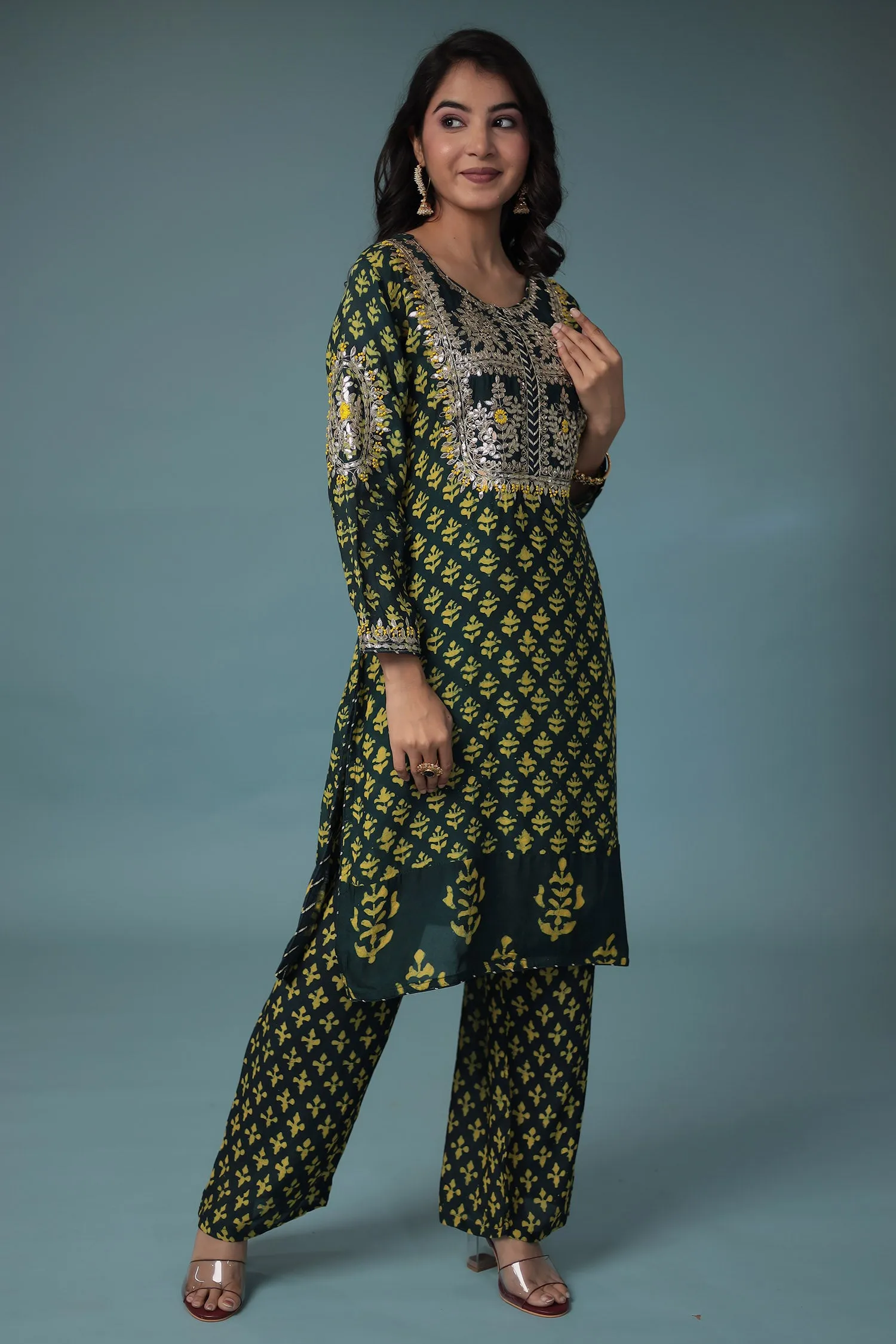 Cotton Silk Dabu Print Suit with Hand Aari work.