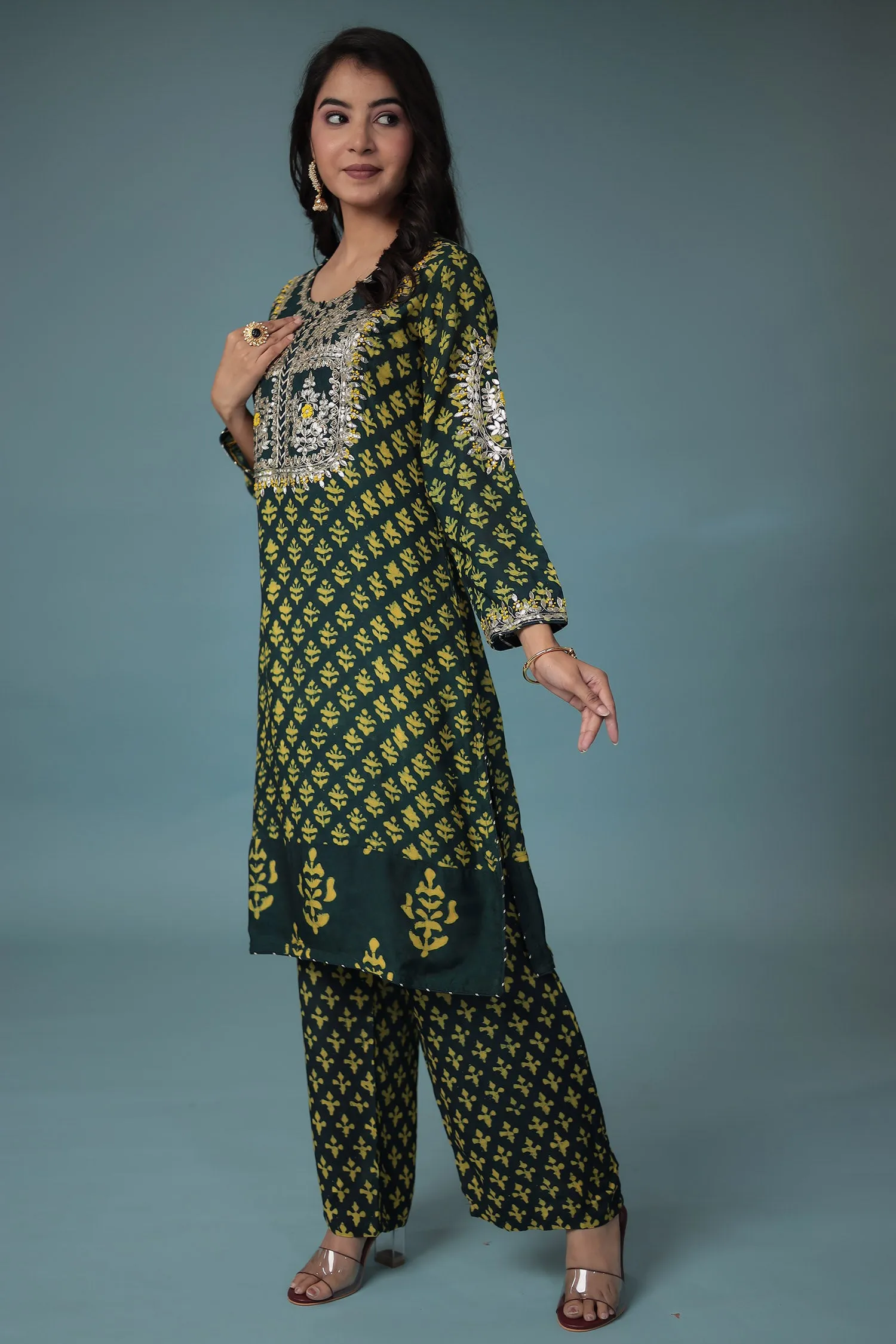 Cotton Silk Dabu Print Suit with Hand Aari work.