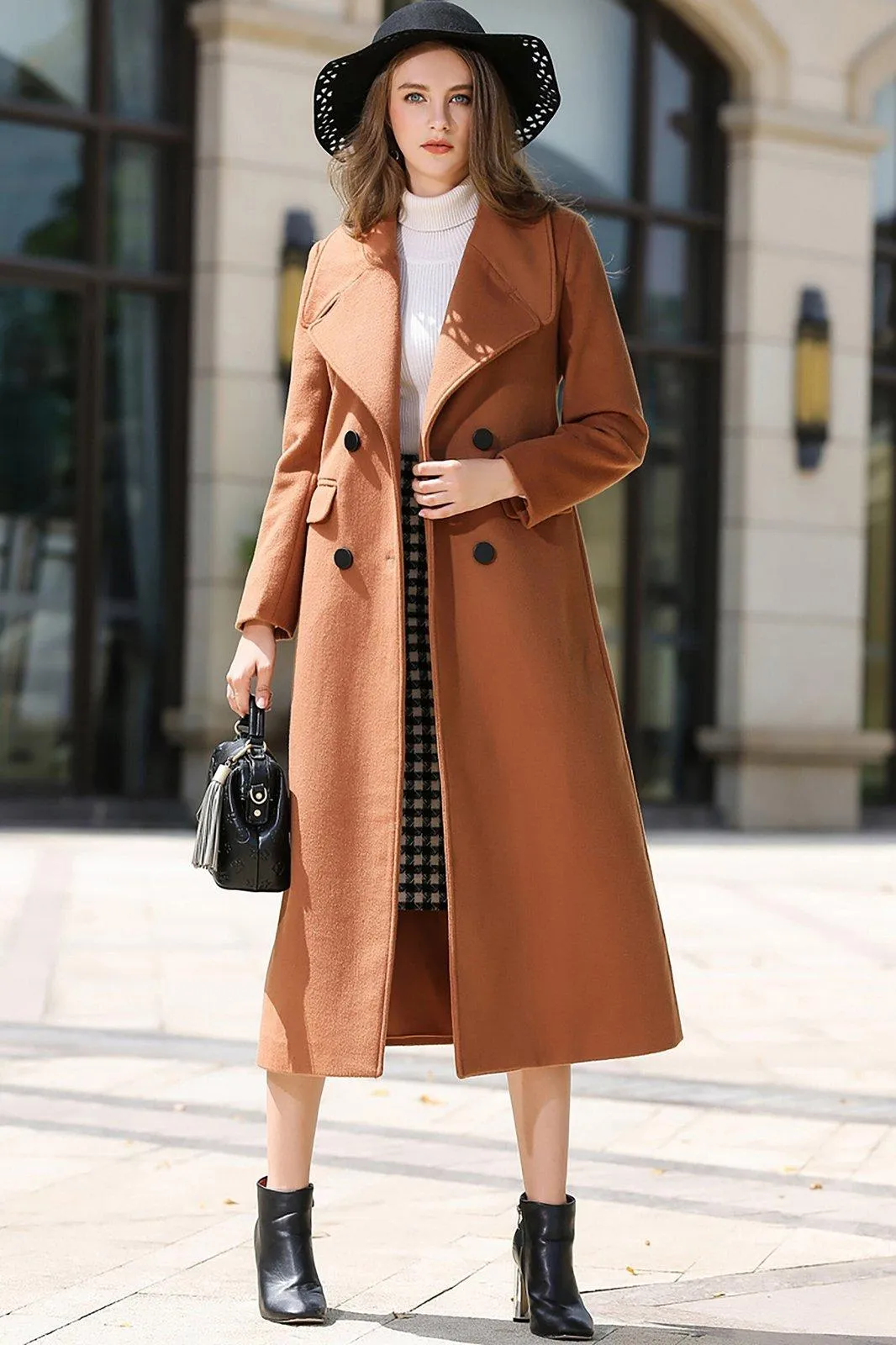 Custom Brown Double Breasted Wide Lapel Wool Blend Coat