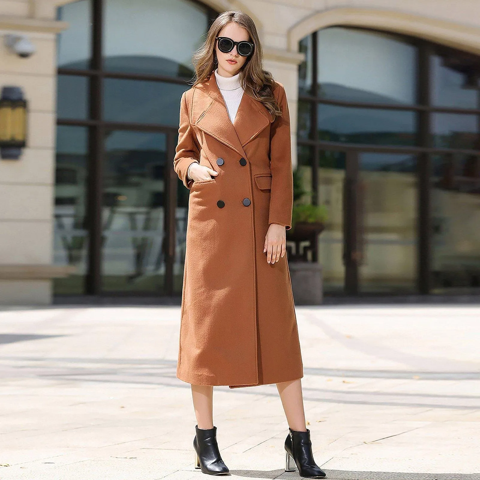 Custom Brown Double Breasted Wide Lapel Wool Blend Coat