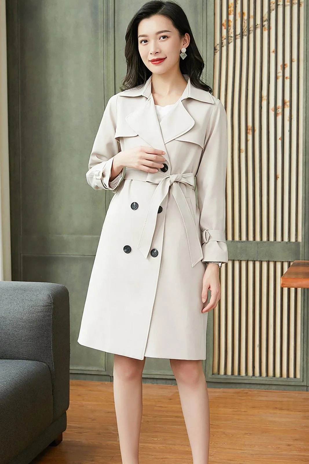 Custom Double Breasted Tie Waist Flap Beige Trench Coat