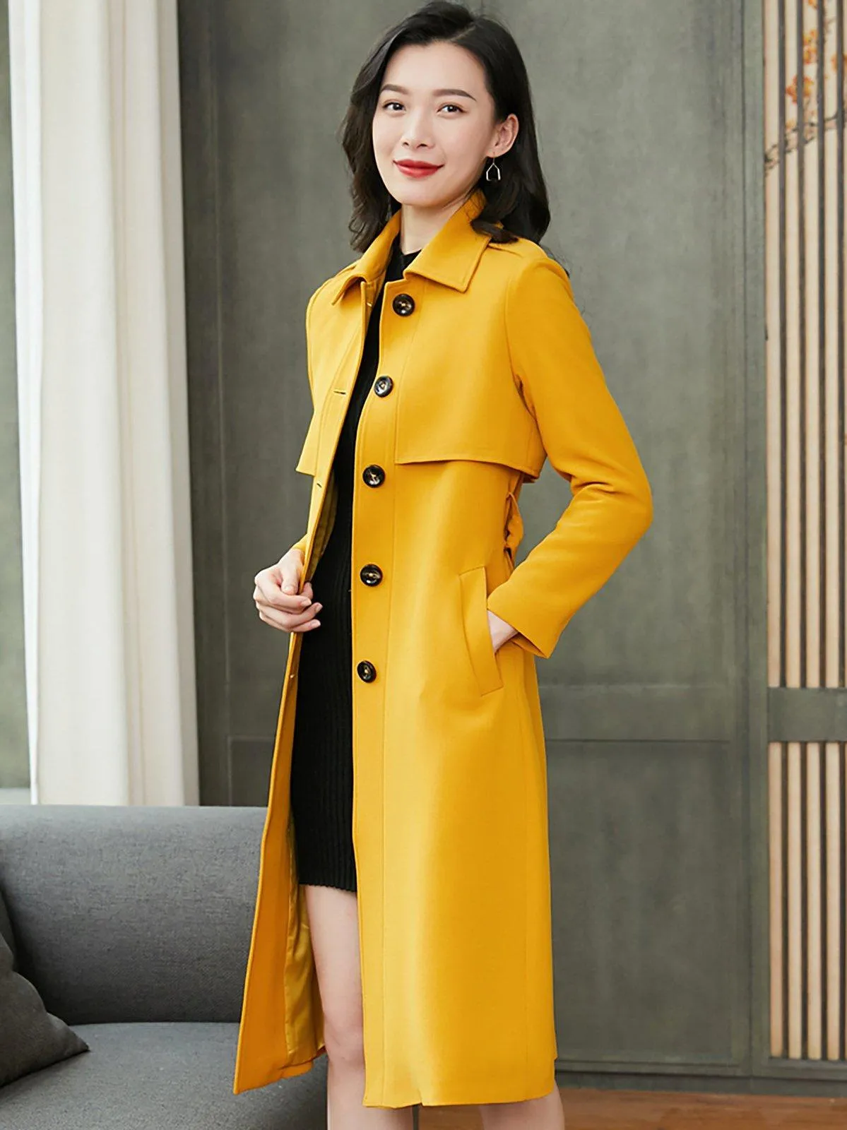 Custom Single Breasted Button Yellow Trench Coat