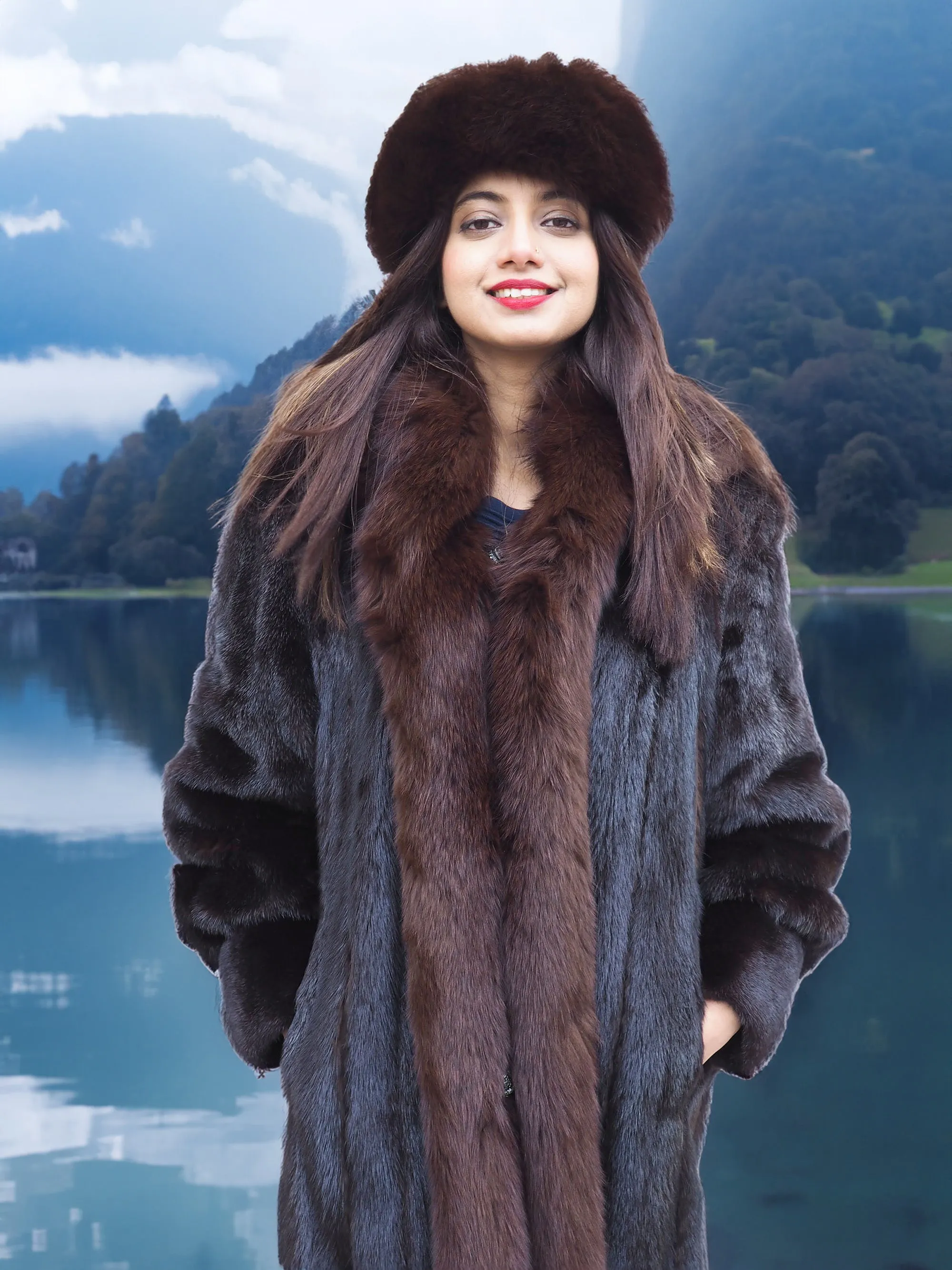 Dark Ranch Mahogany Mink Fur Coat With Brown Fox Trim Detachable Hood M/L