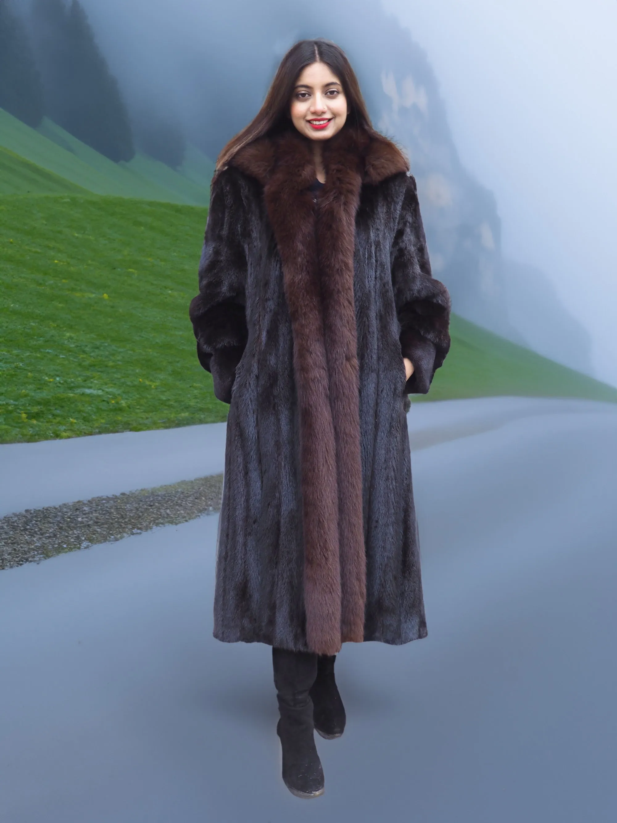 Dark Ranch Mahogany Mink Fur Coat With Brown Fox Trim Detachable Hood M/L