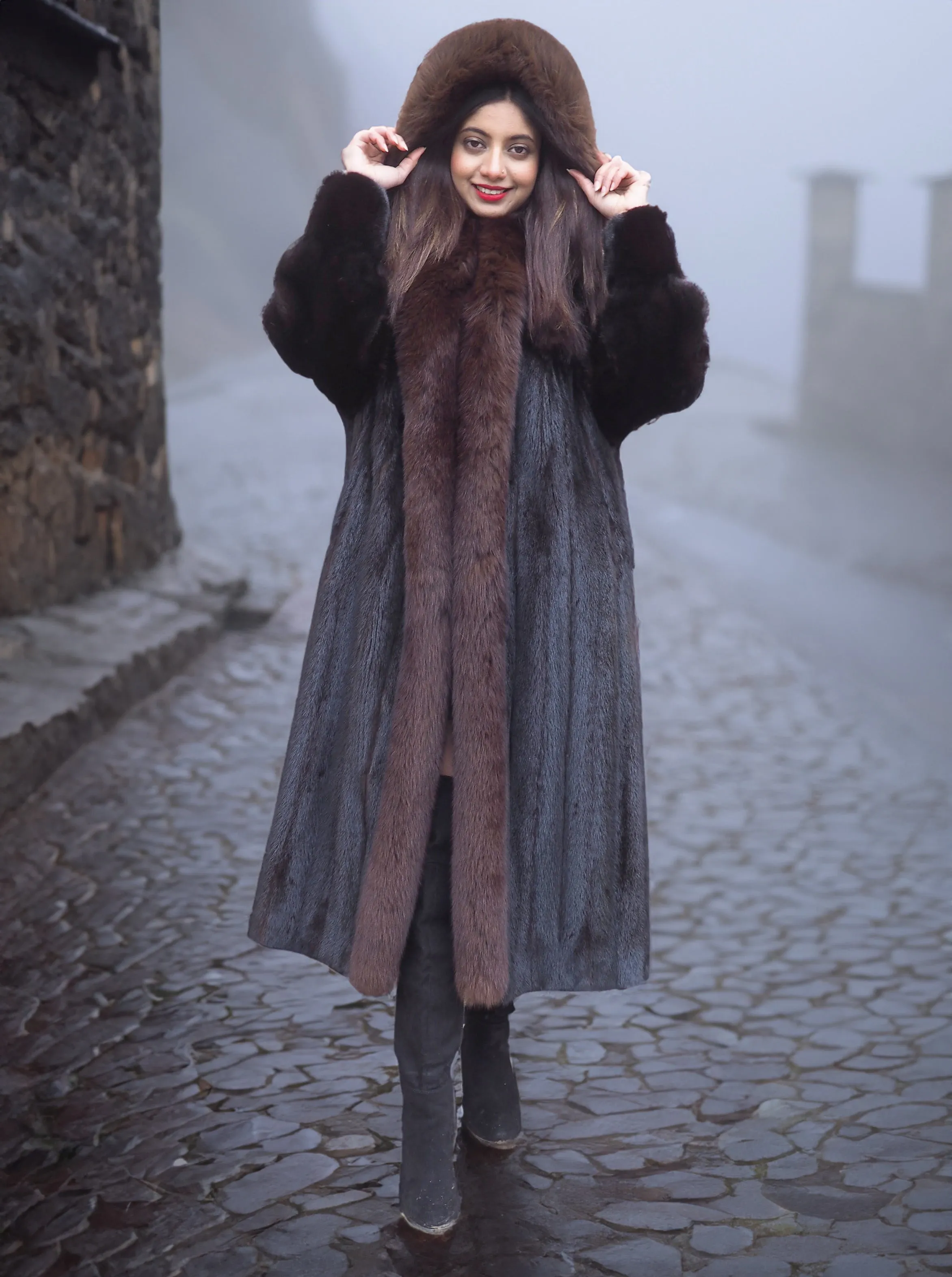 Dark Ranch Mahogany Mink Fur Coat With Brown Fox Trim Detachable Hood M/L