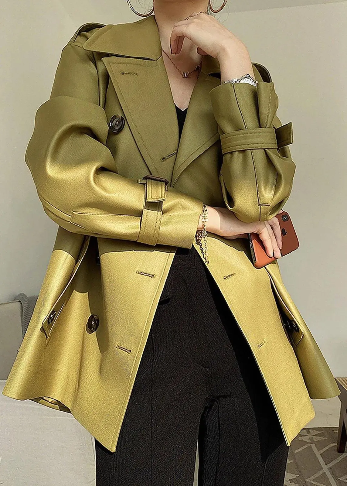 Double Breasted Belted Twill Trench Coat