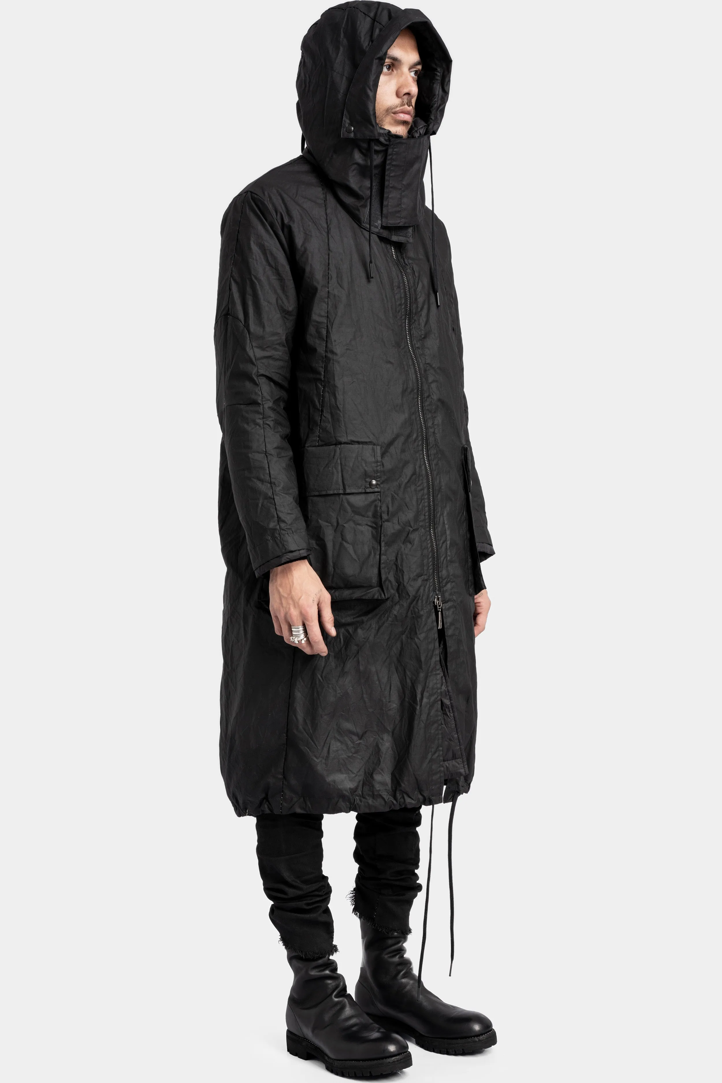 Mens Waterproof Two-Layer Down-Padded Waxed Cotton Ripstop Parka with Hood