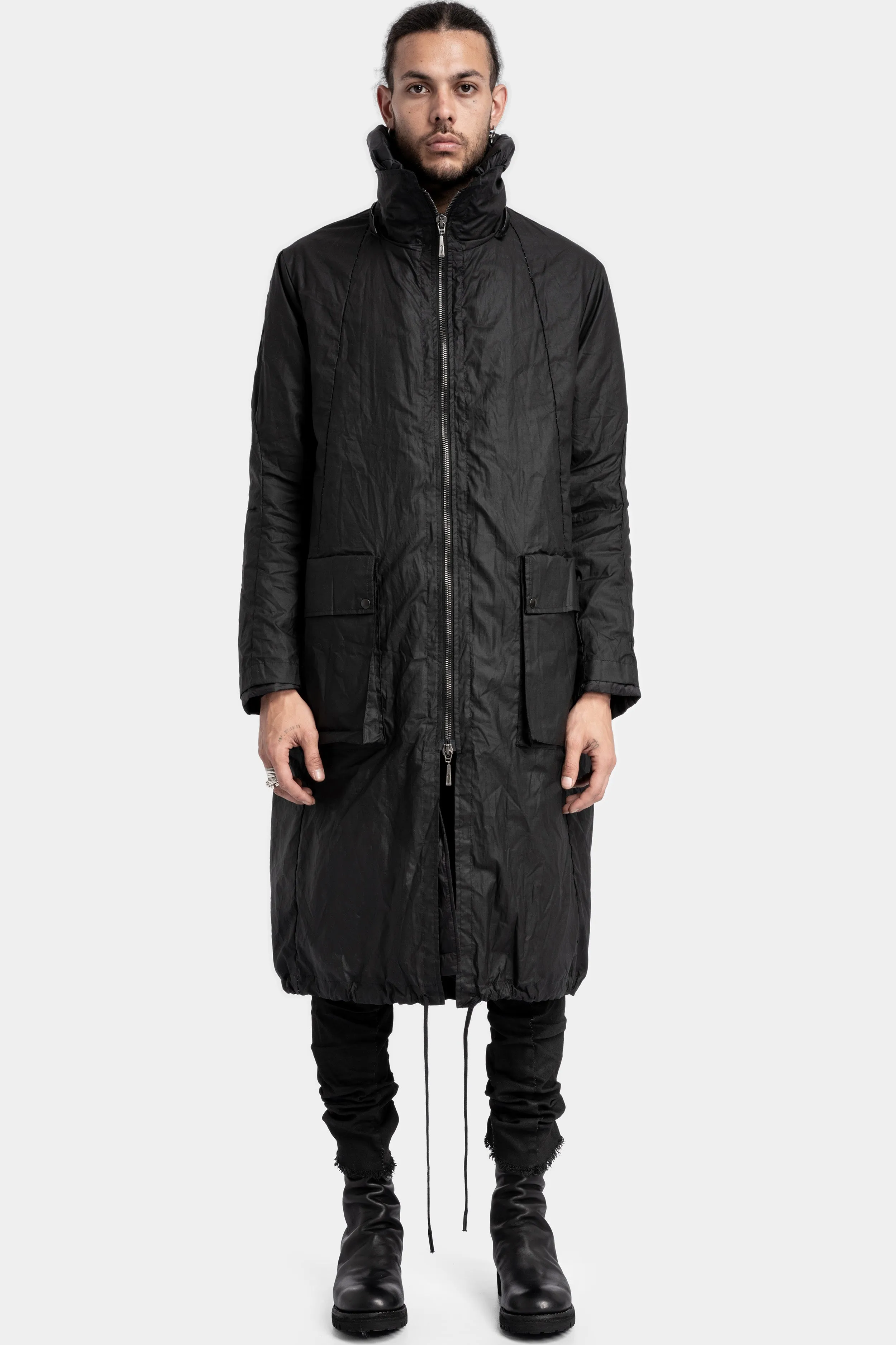 Mens Waterproof Two-Layer Down-Padded Waxed Cotton Ripstop Parka with Hood