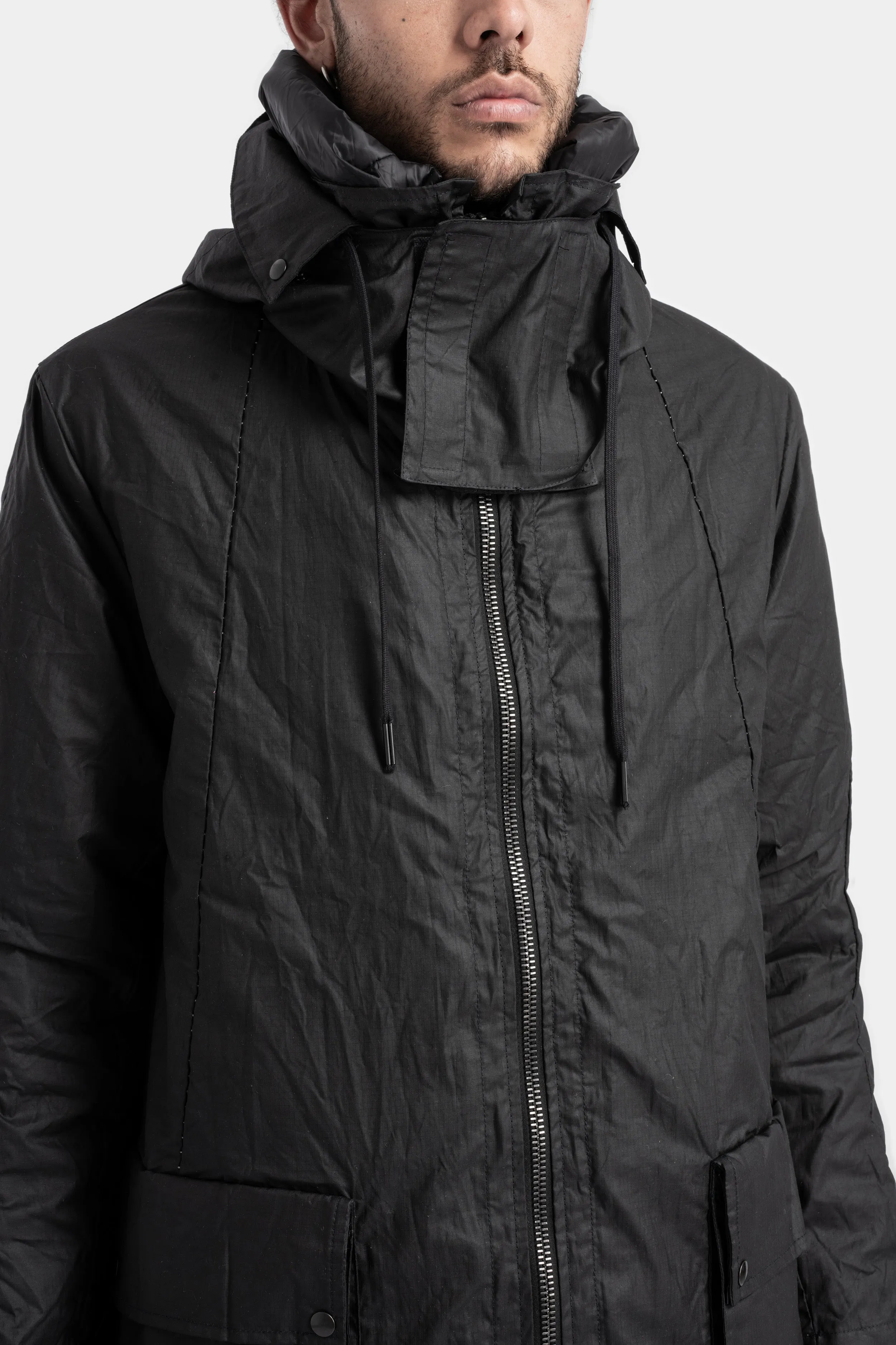 Mens Waterproof Two-Layer Down-Padded Waxed Cotton Ripstop Parka with Hood