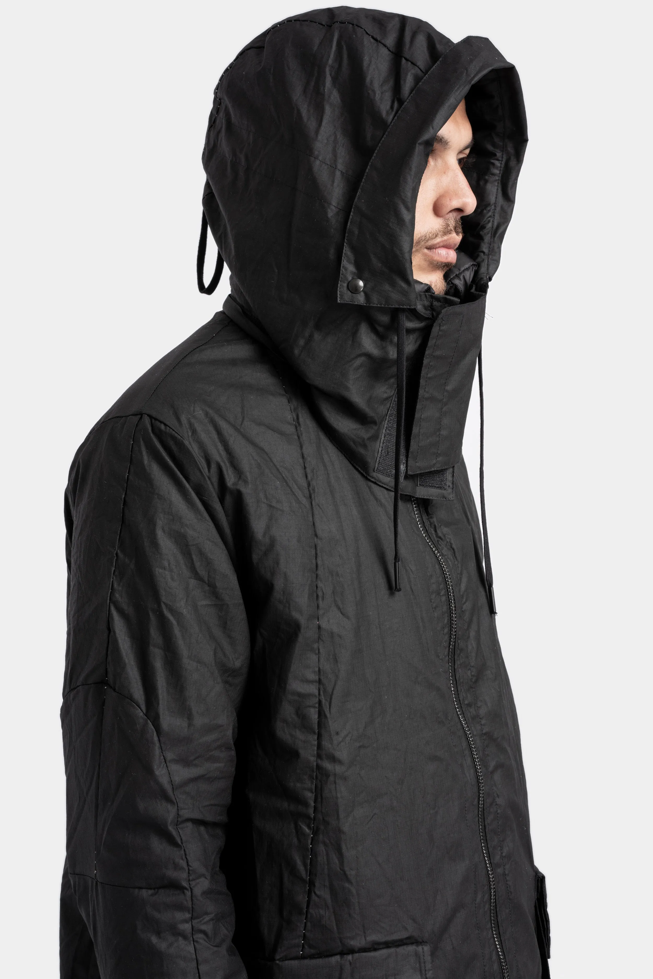 Mens Waterproof Two-Layer Down-Padded Waxed Cotton Ripstop Parka with Hood