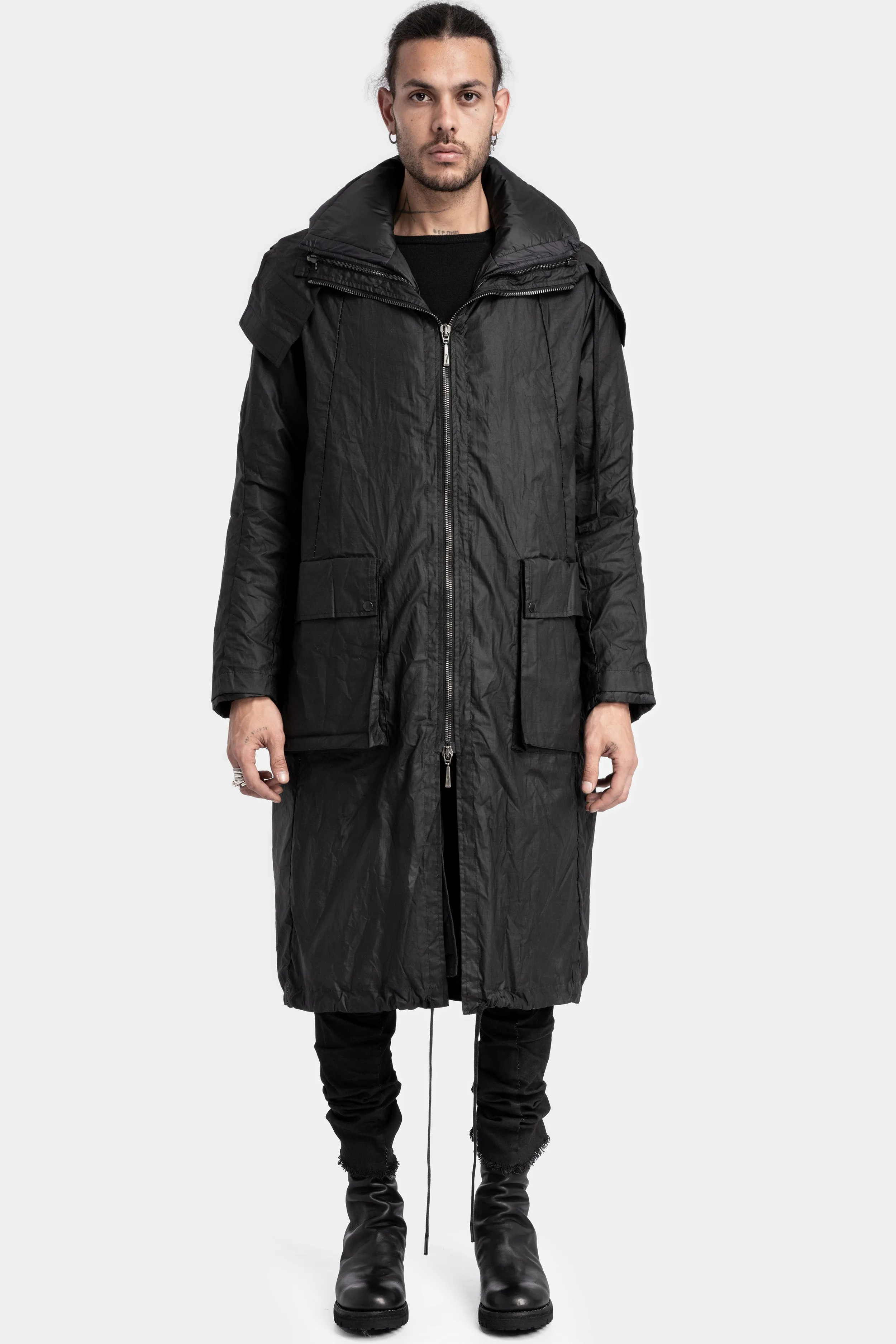 Mens Waterproof Two-Layer Down-Padded Waxed Cotton Ripstop Parka with Hood