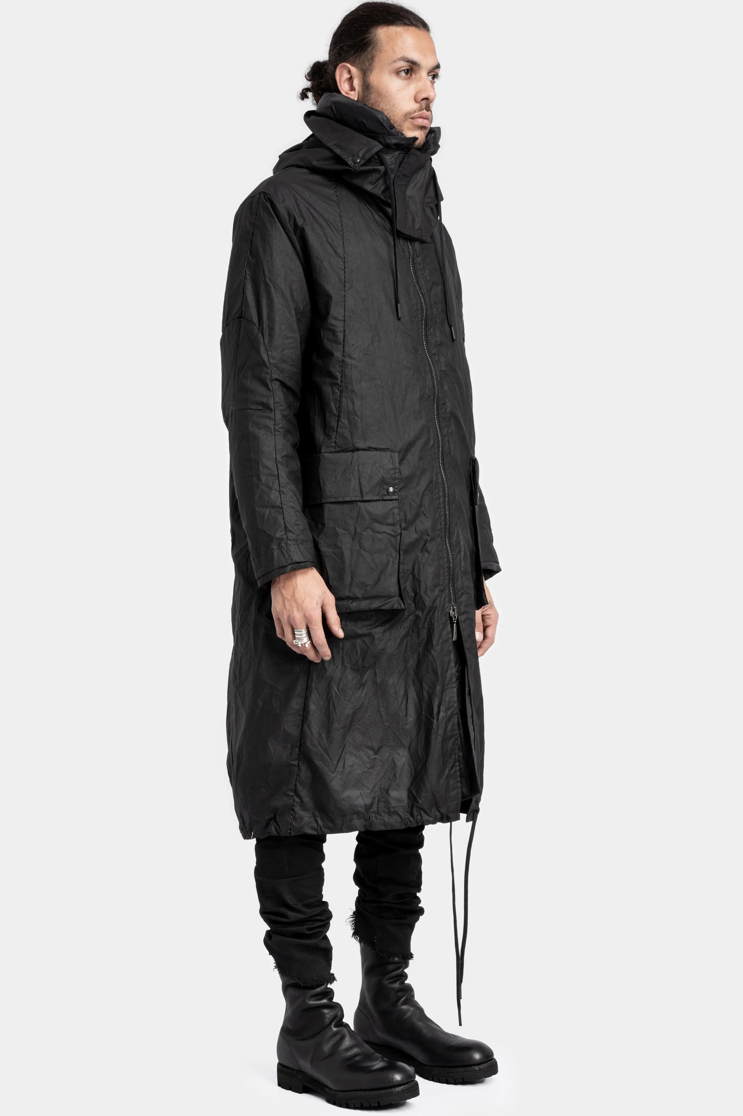 Mens Waterproof Two-Layer Down-Padded Waxed Cotton Ripstop Parka with Hood