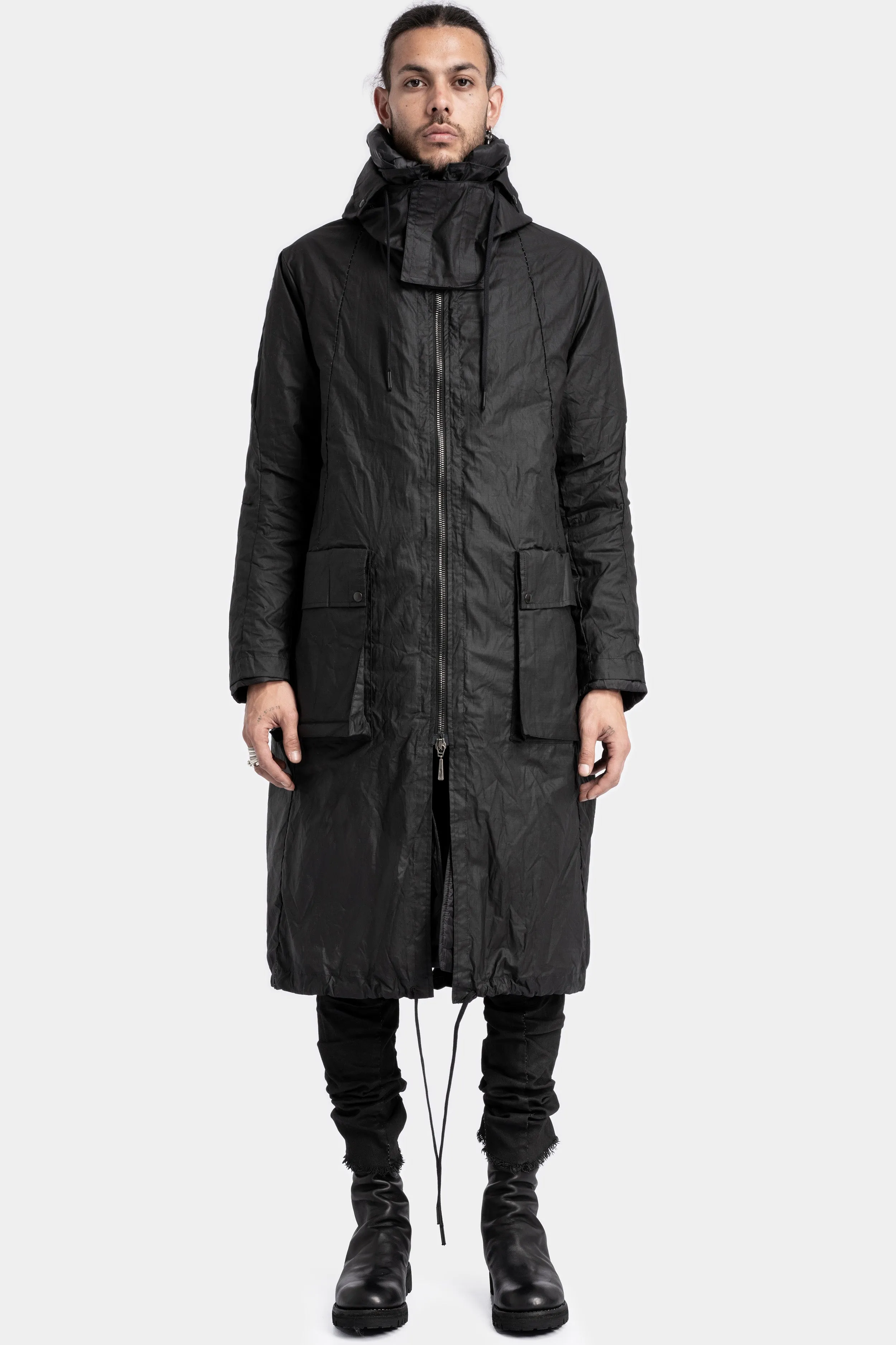 Mens Waterproof Two-Layer Down-Padded Waxed Cotton Ripstop Parka with Hood