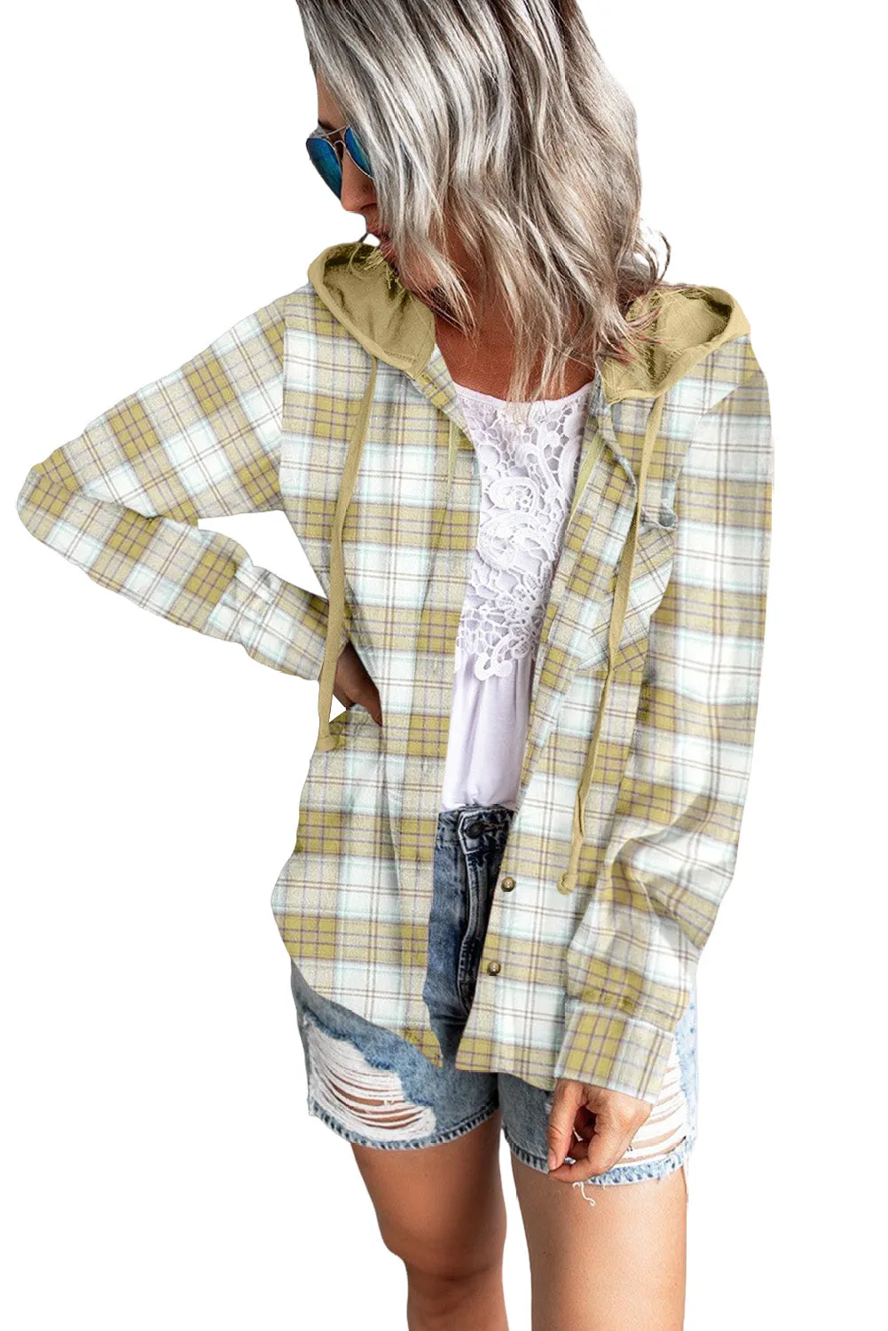 Drawstring Plaid Hooded Shirt Coat