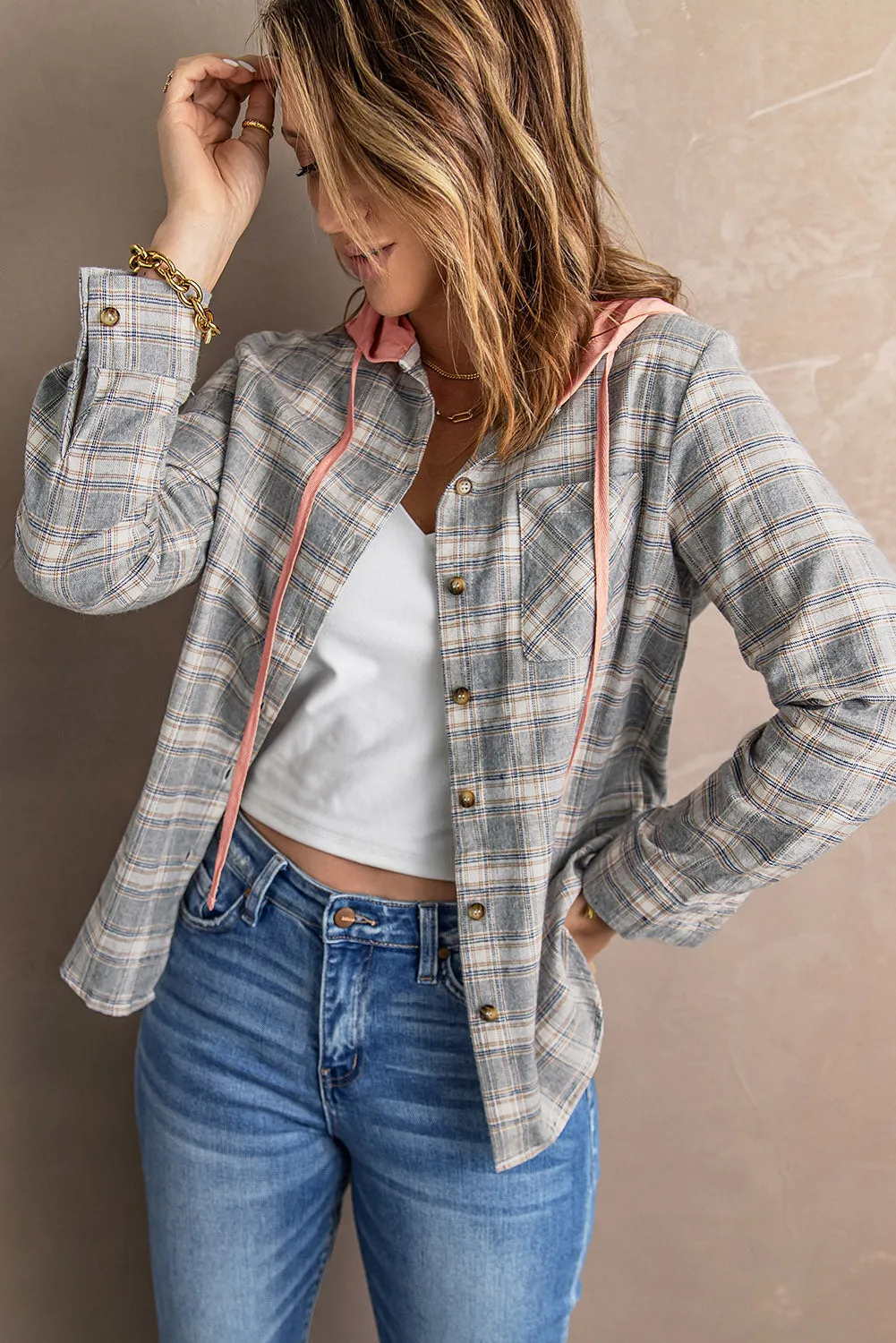 Drawstring Plaid Hooded Shirt Coat