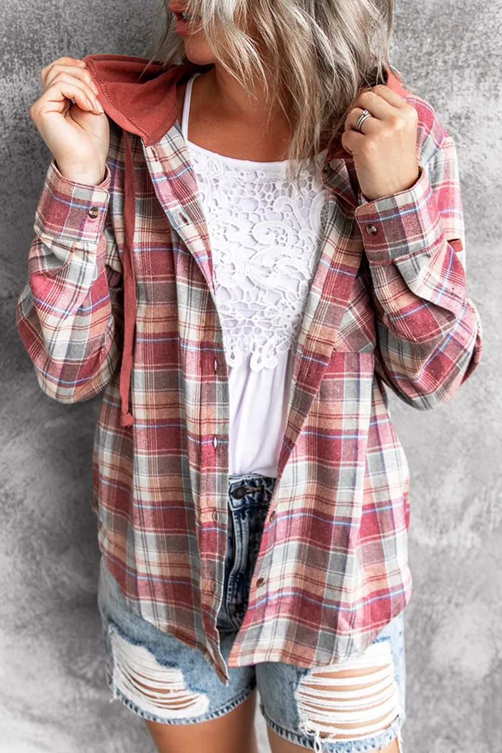 Drawstring Plaid Hooded Shirt Coat