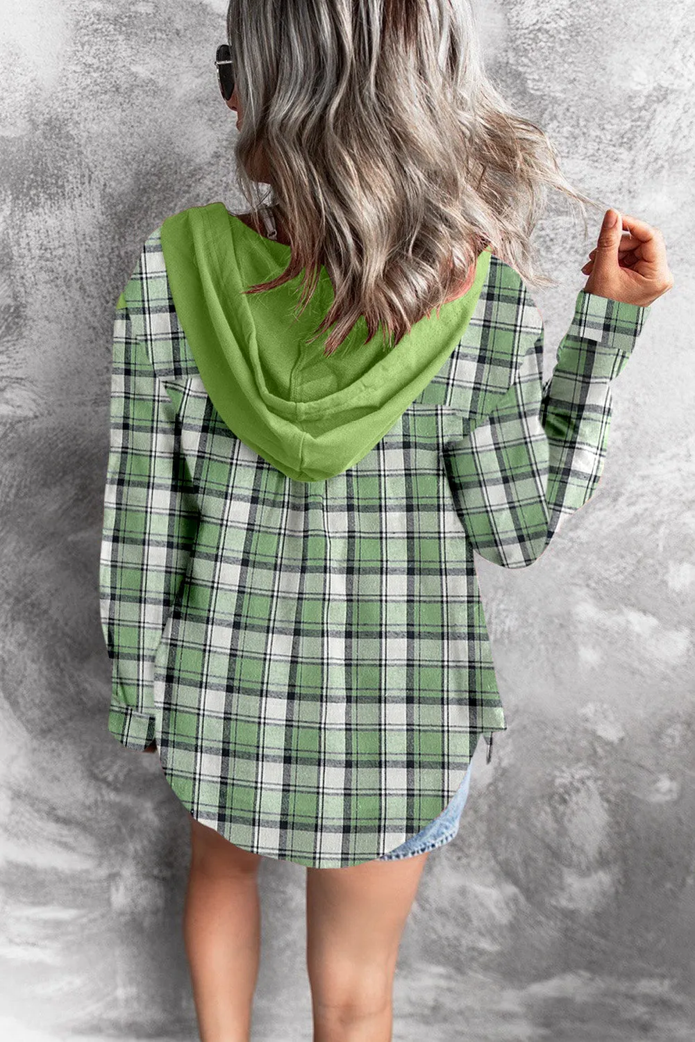 Drawstring Plaid Hooded Shirt Coat