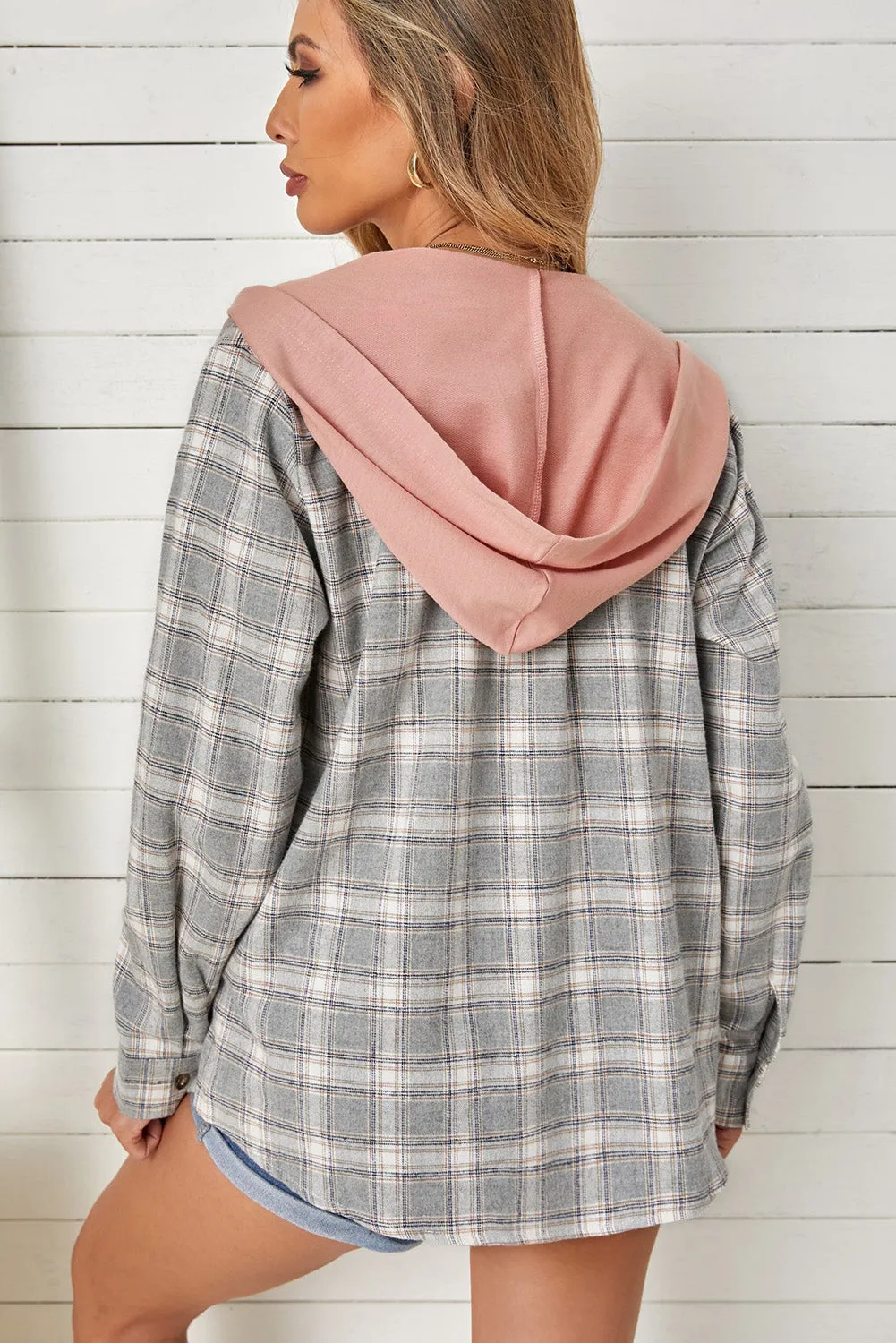 Drawstring Plaid Hooded Shirt Coat