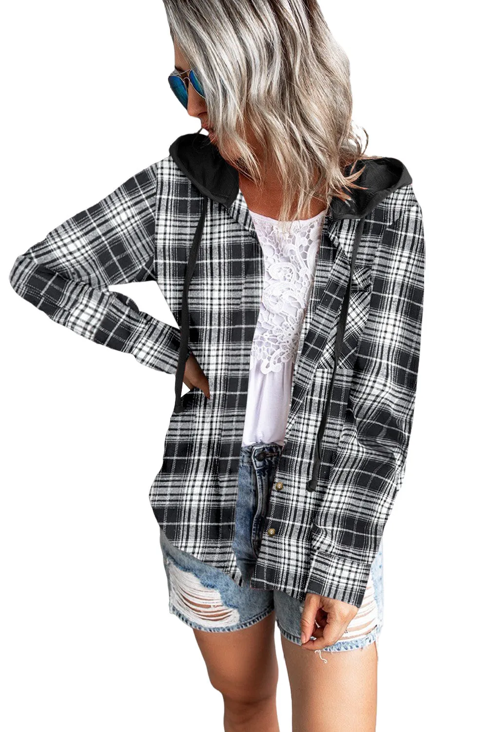 Drawstring Plaid Hooded Shirt Coat