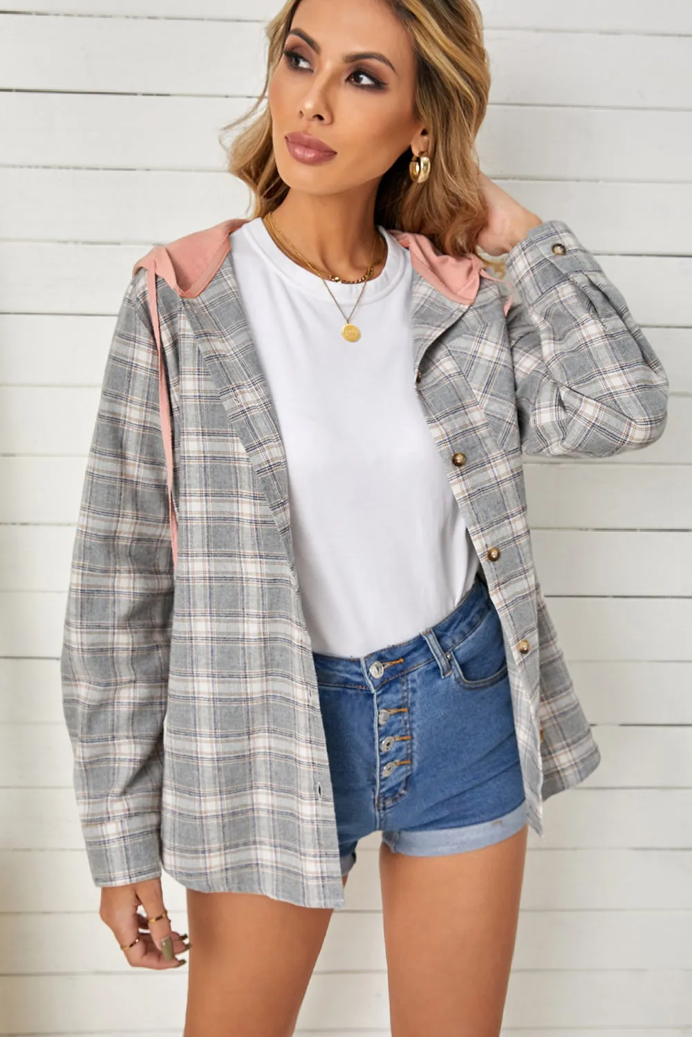 Drawstring Plaid Hooded Shirt Coat