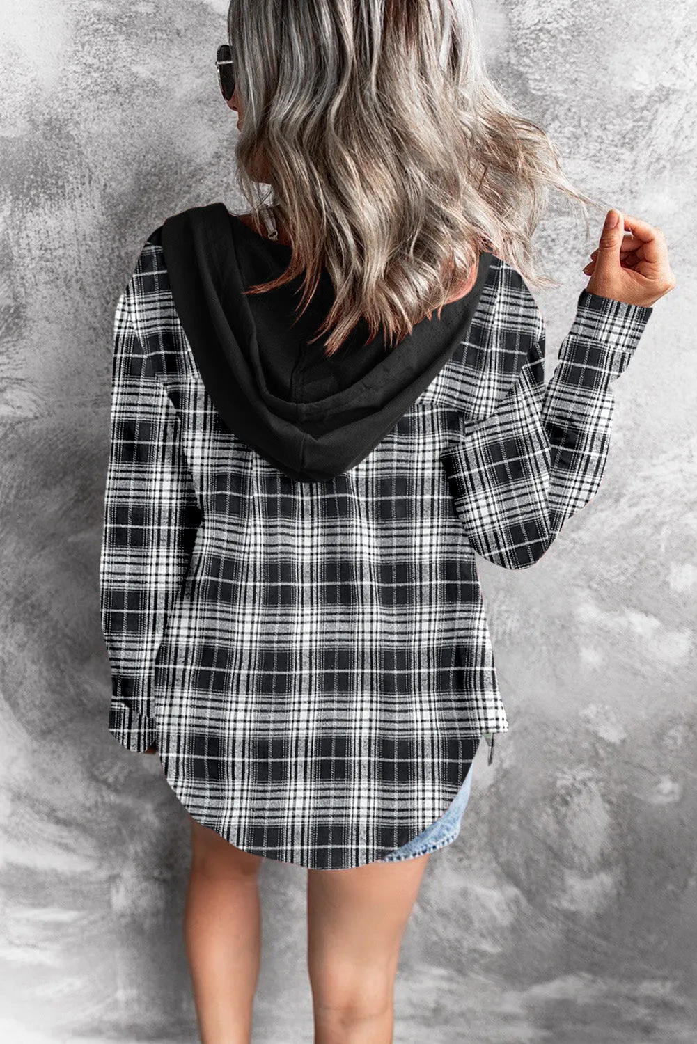 Drawstring Plaid Hooded Shirt Coat