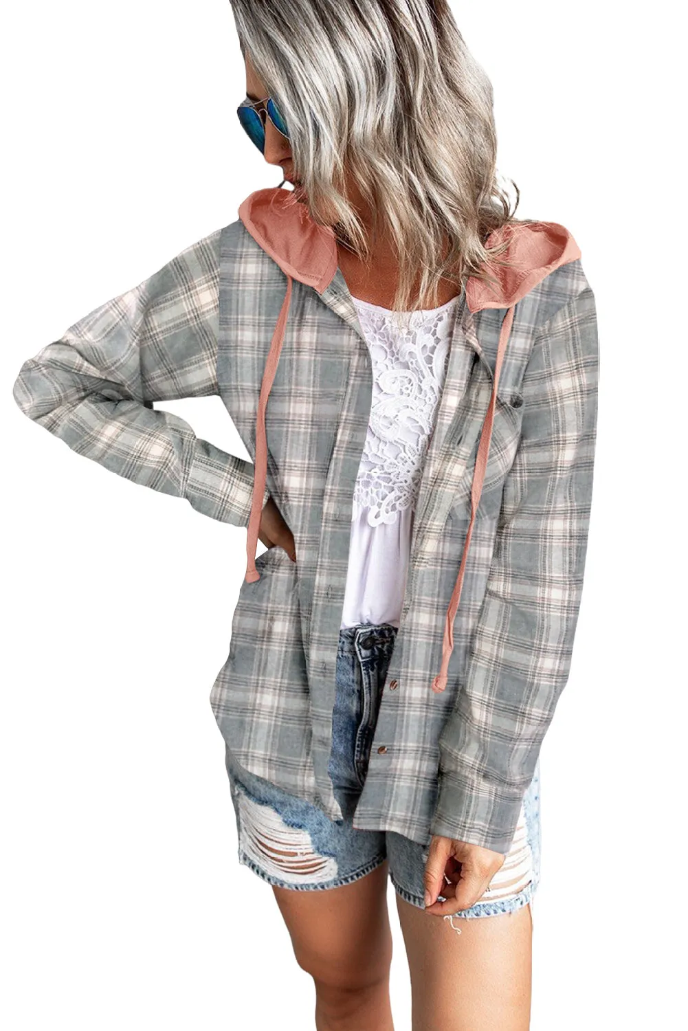 Drawstring Plaid Hooded Shirt Coat