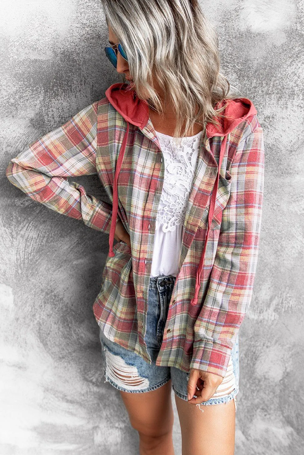 Drawstring Plaid Hooded Shirt Coat