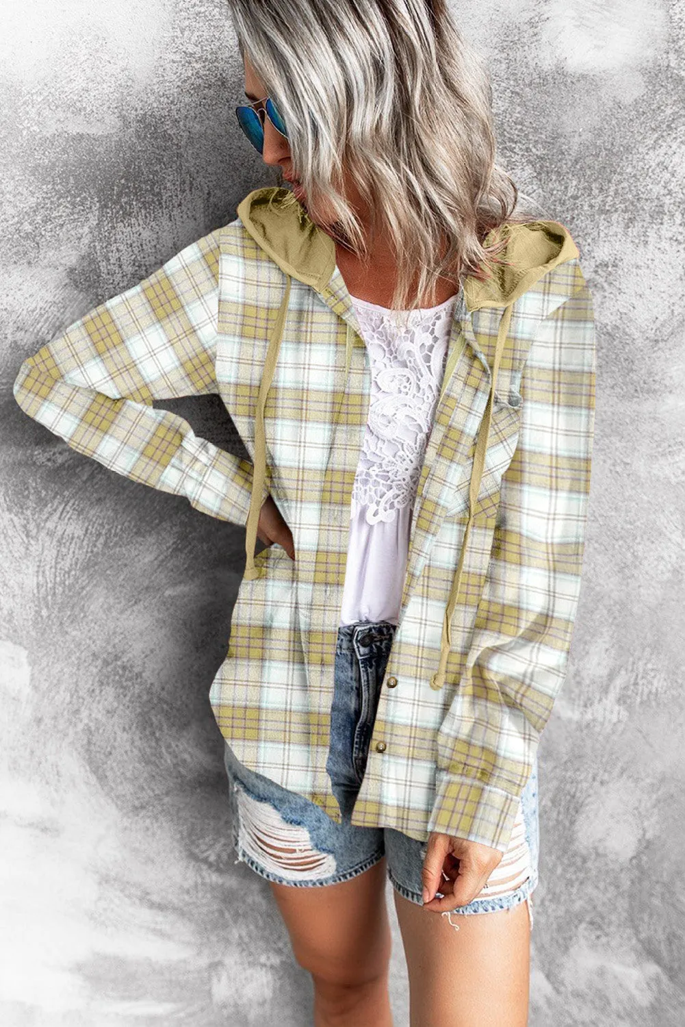 Drawstring Plaid Hooded Shirt Coat