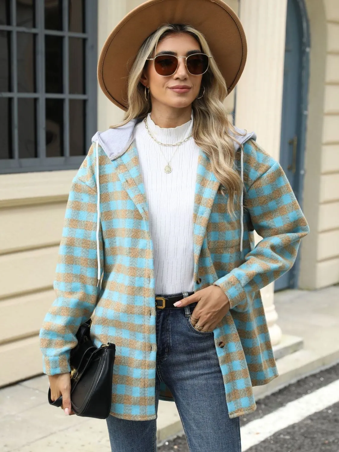 Drawstring Plaid Long Sleeve Hooded Jacket