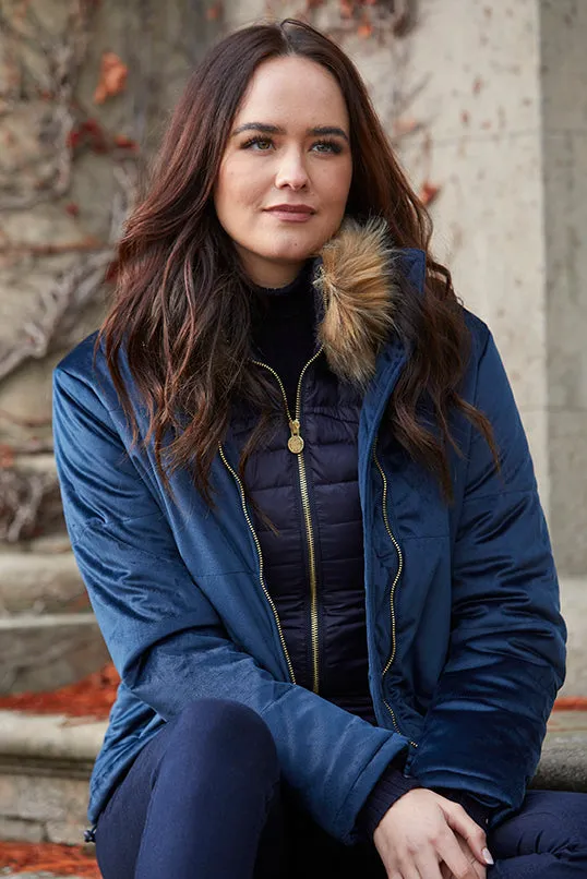 Ella Navy Velvet Winter Padded Jacket - 75% OFF