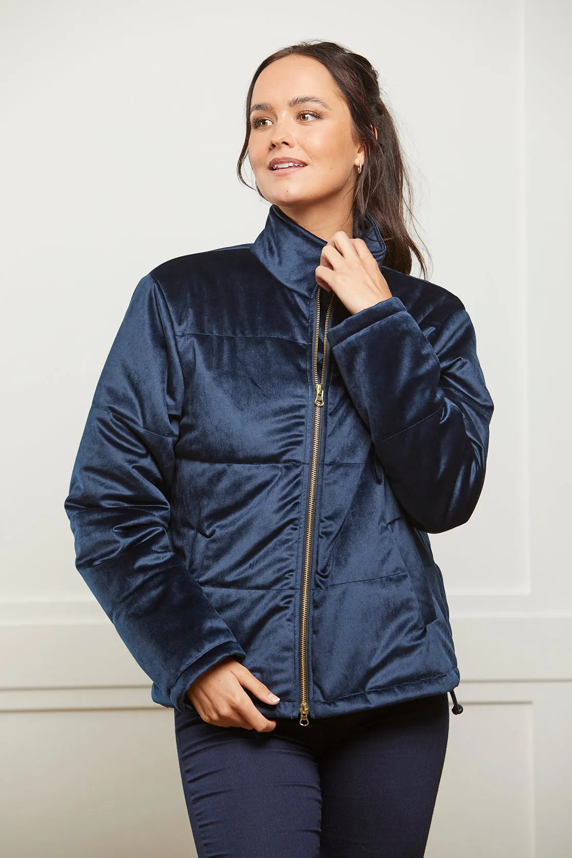 Ella Navy Velvet Winter Padded Jacket - 75% OFF