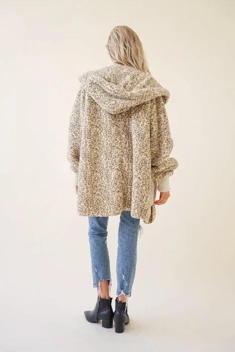 Faux fur plush hooded jackets with pockets - Snow Leopard