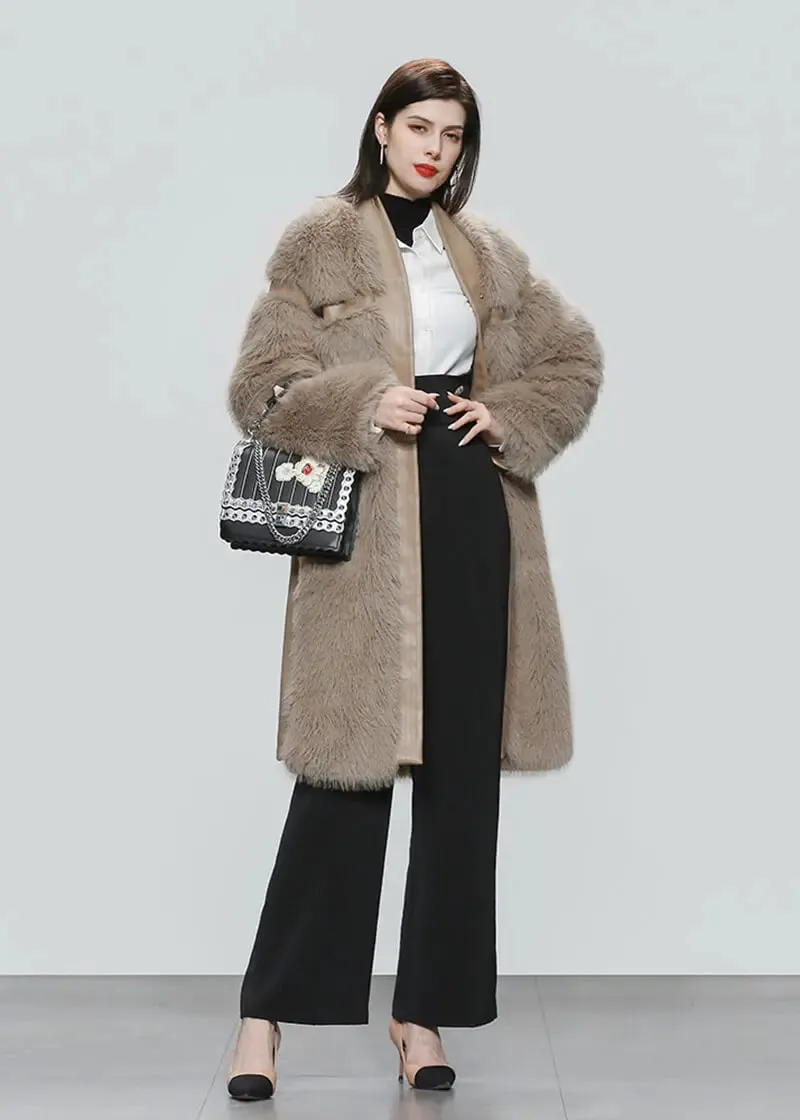 Faux Leather Long Fur Fleece Coat Dress