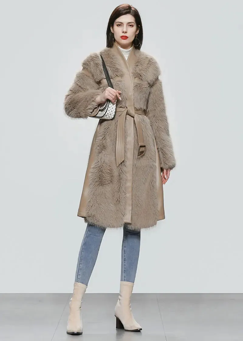 Faux Leather Long Fur Fleece Coat Dress