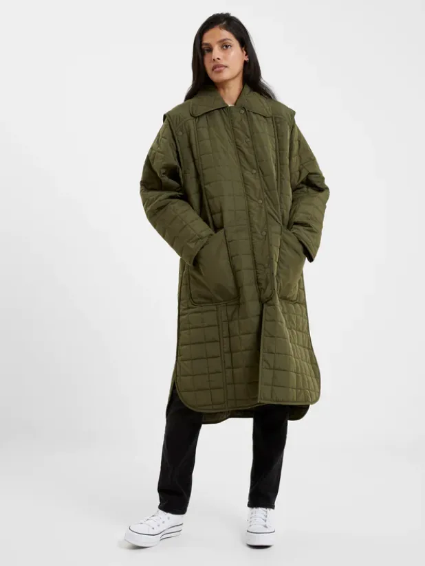 French Connection Aris Quilted Army Green Long Convertible Coat Vest