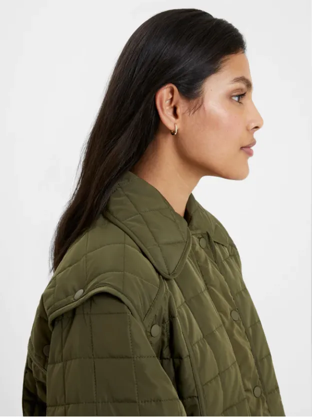 French Connection Aris Quilted Army Green Long Convertible Coat Vest