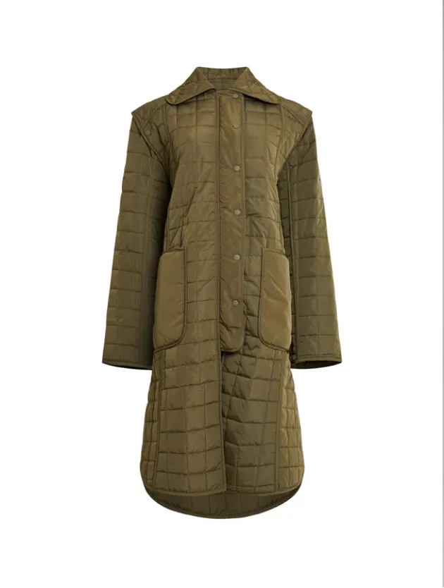 French Connection Aris Quilted Army Green Long Convertible Coat Vest