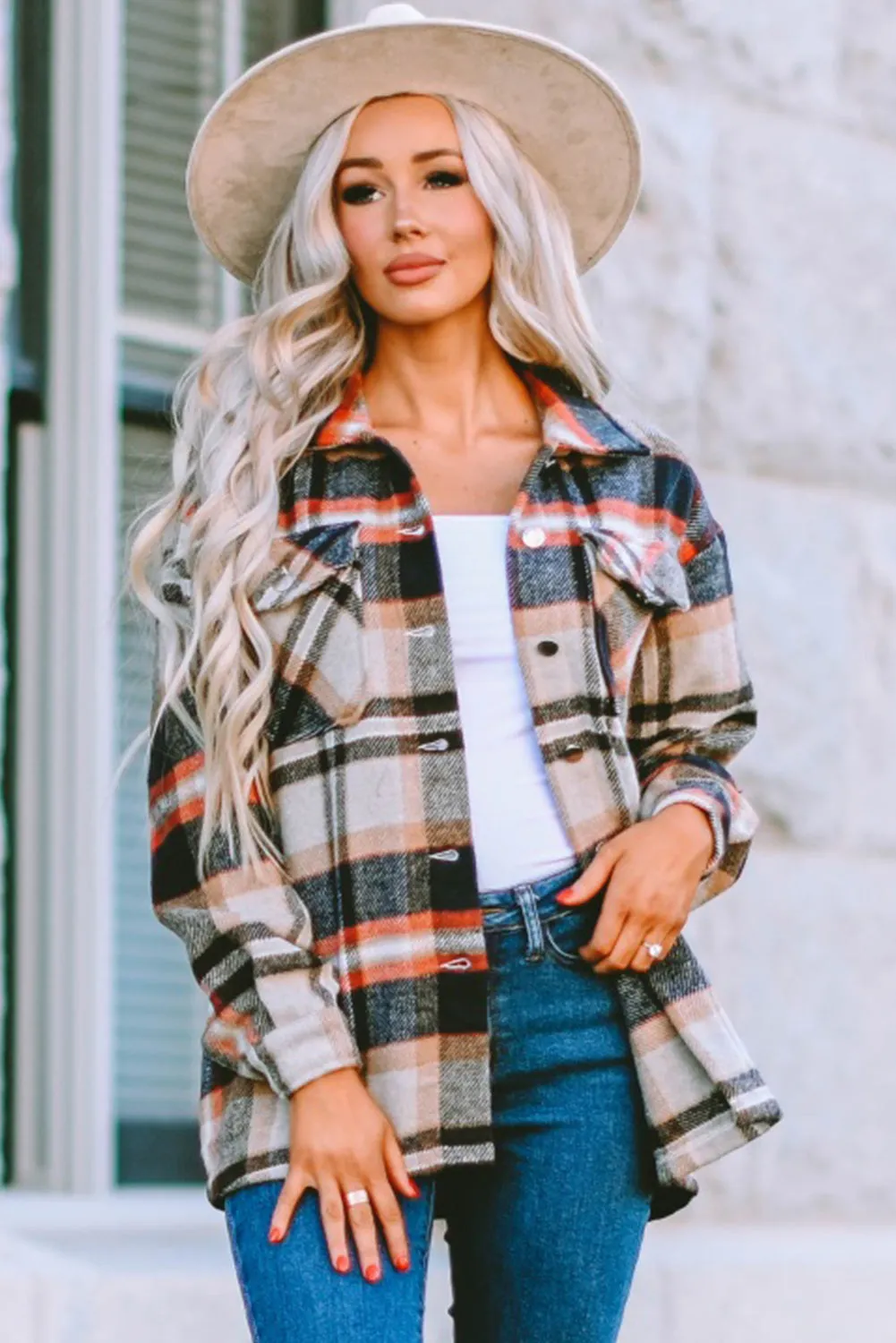 Geometric Plaid Print Pocketed Shirt