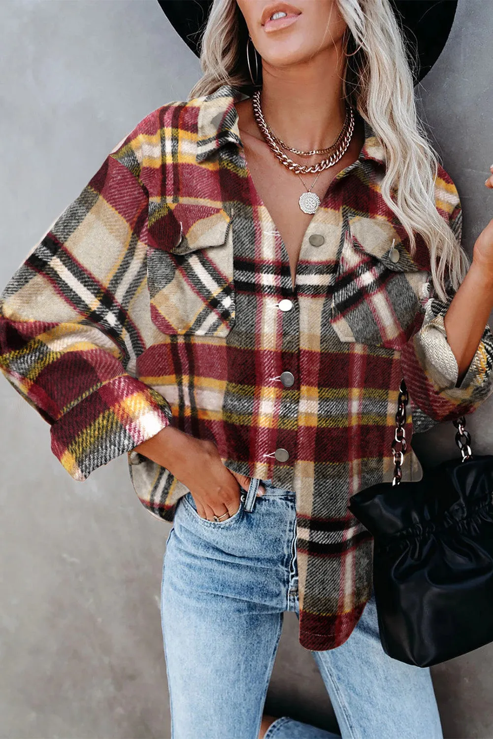 Geometric Plaid Print Pocketed Shirt