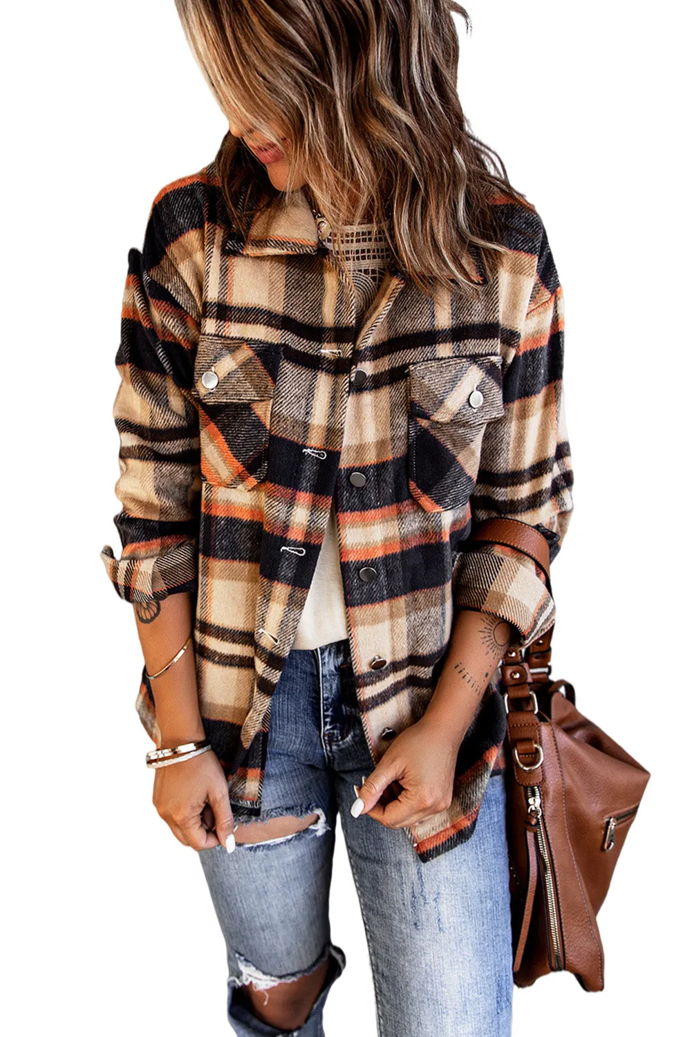 Geometric Plaid Print Pocketed Shirt