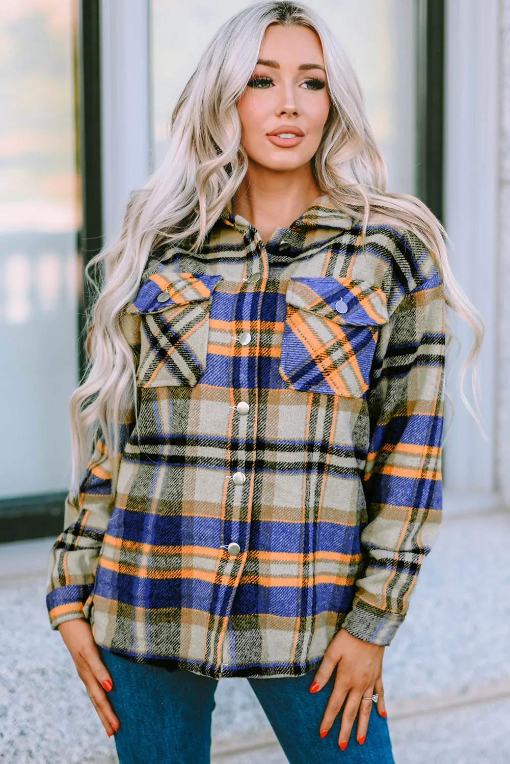 Geometric Plaid Print Pocketed Shirt