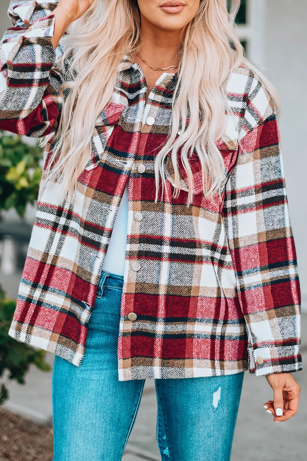 Geometric Plaid Print Pocketed Shirt