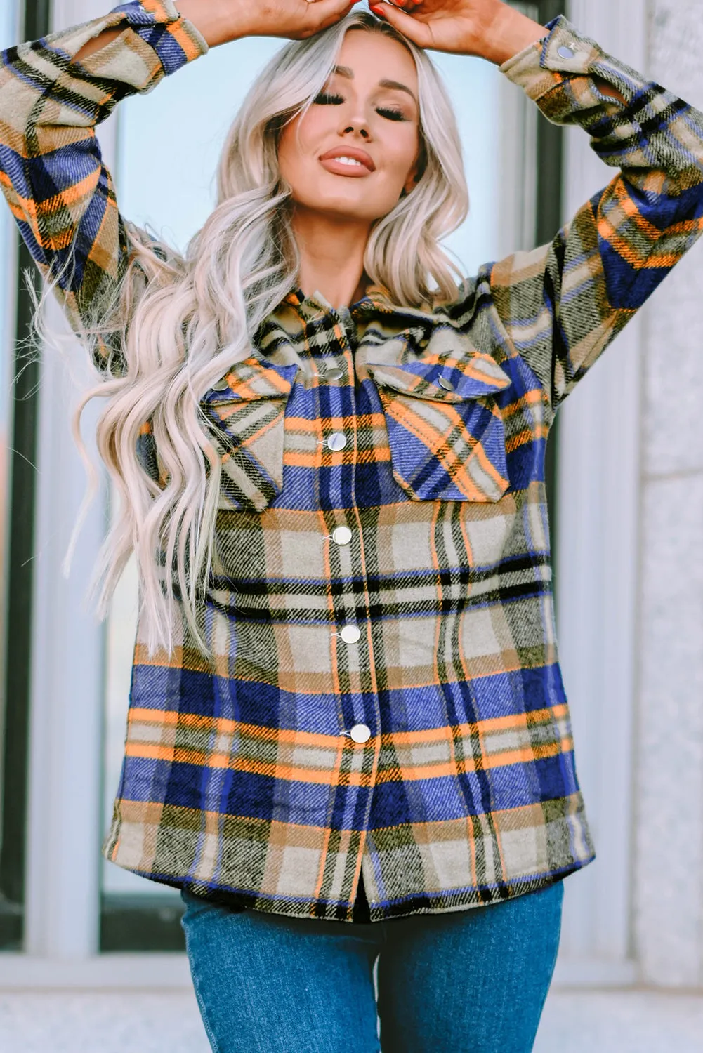 Geometric Plaid Print Pocketed Shirt