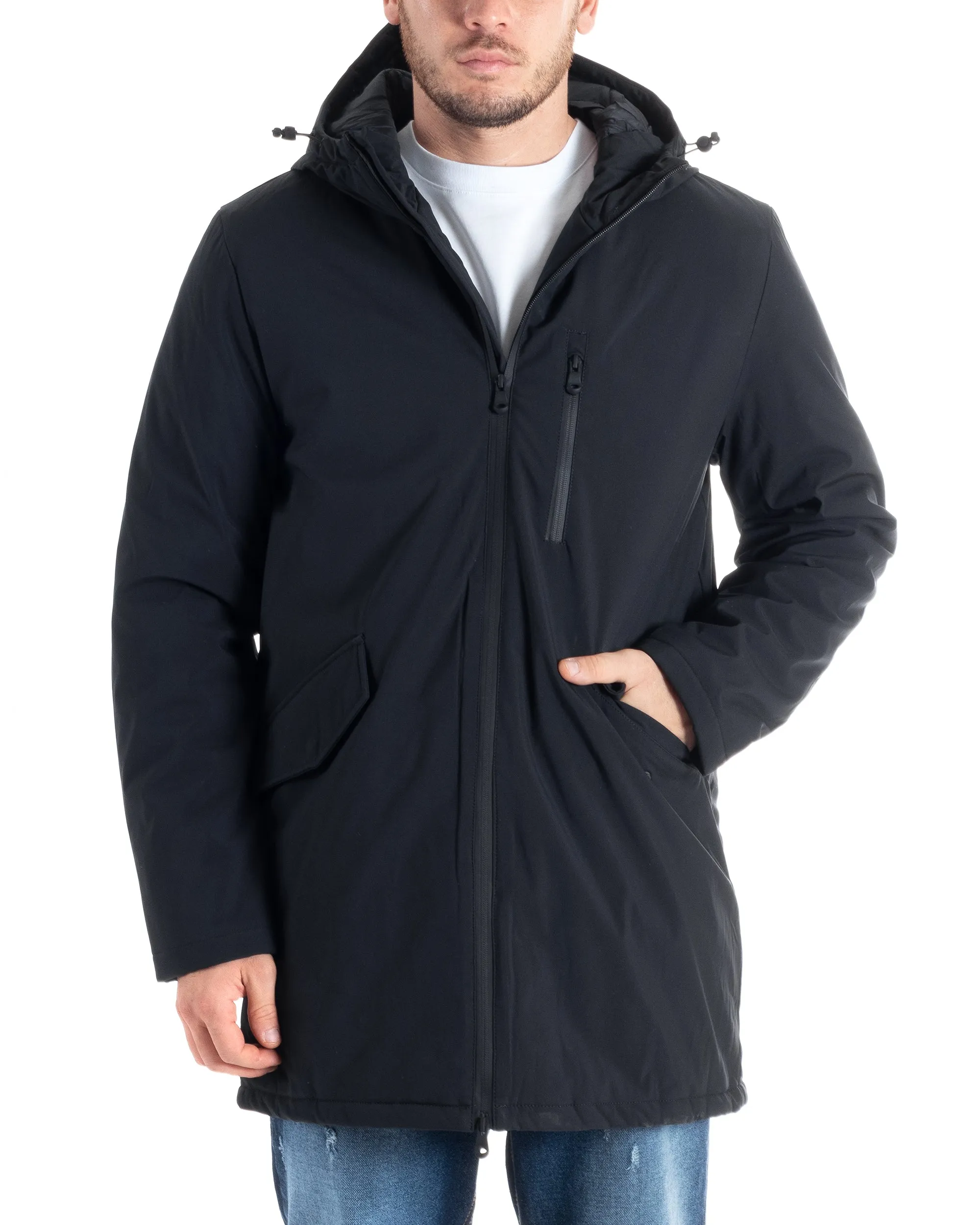 Giubbotto Uomo Impermeabile Trench Lungo Tessuto Tecnico Imbottito Cappuccio Blu GIOSAL-G3133A