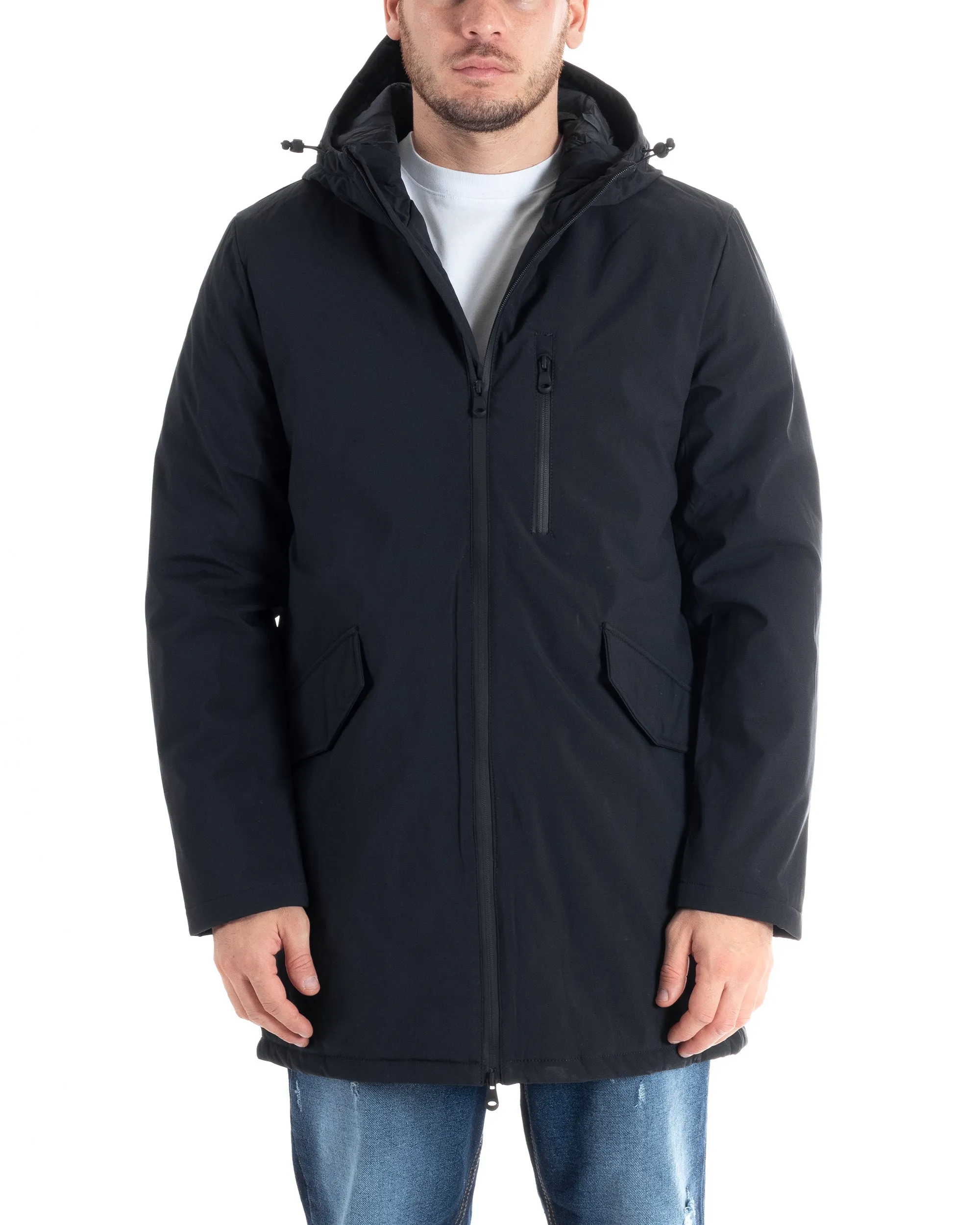 Giubbotto Uomo Impermeabile Trench Lungo Tessuto Tecnico Imbottito Cappuccio Blu GIOSAL-G3133A