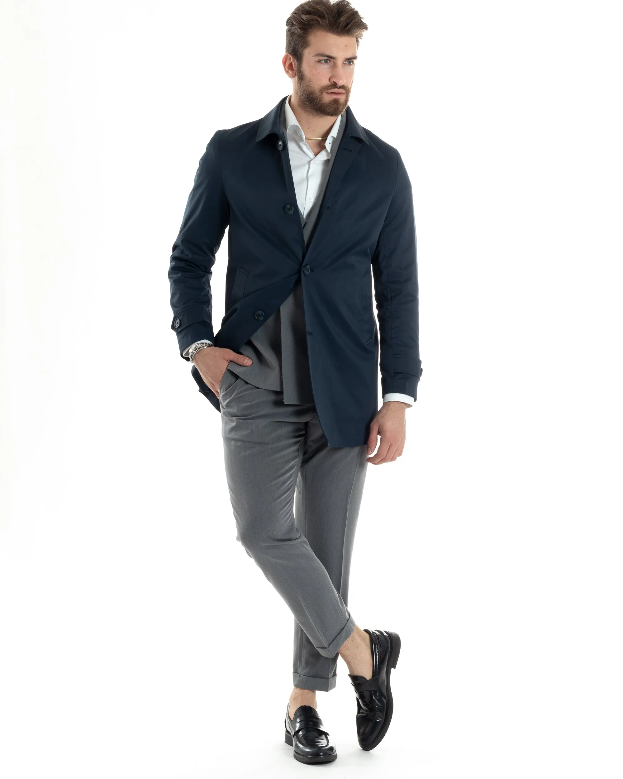 Giubbotto Uomo Trench Lungo Con Colletto Tessuto Impermeabile Blu GIOSAL-G3161A