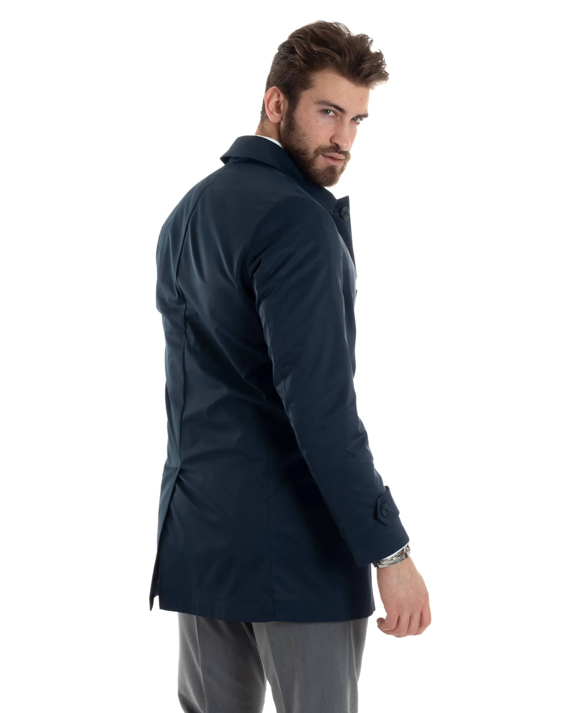 Giubbotto Uomo Trench Lungo Con Colletto Tessuto Impermeabile Blu GIOSAL-G3161A