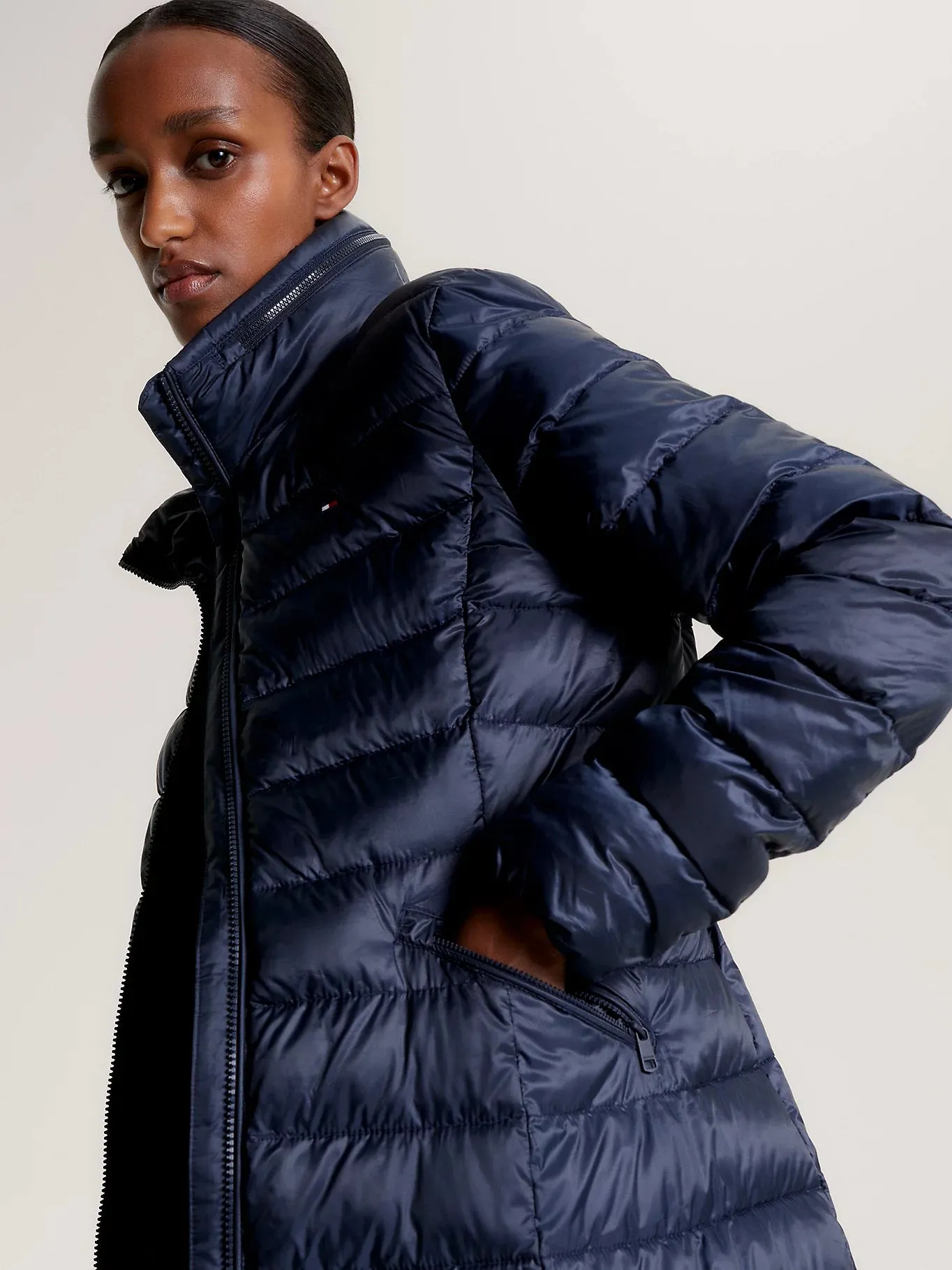 GLOBAL STRIPE RECYCLED MAXI PADDED COAT Navy