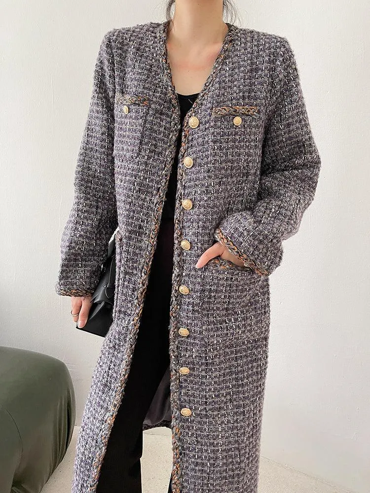 Gray Single Breasted Tweed Long Coat